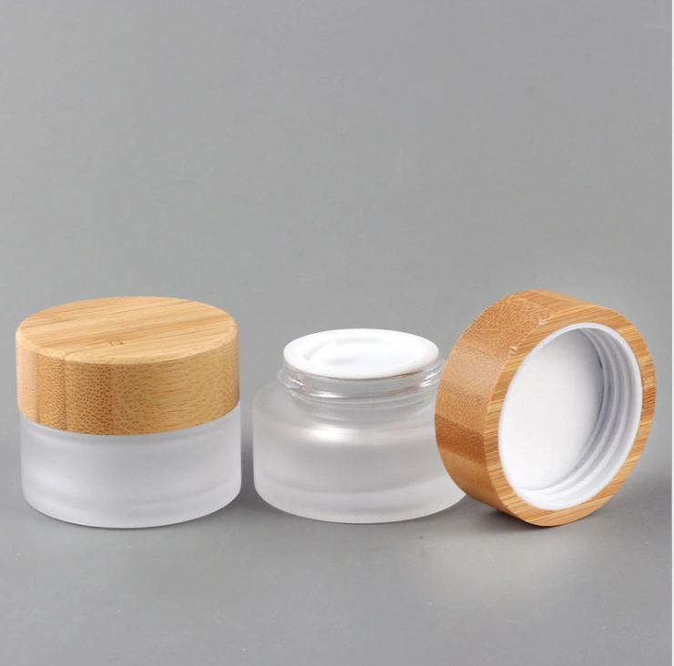 Ready Stock Cosmetic Packaging High Quality Glass Bottle 30g 50g Frosted Glass Cream Jar with Real Bamboo Lid Screw Cap and Low MOQ Logo Printing
