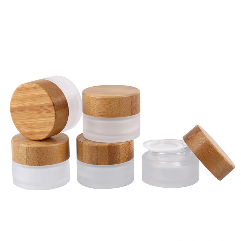 Ready Stock Cosmetic Packaging High Quality Glass Bottle 30g 50g Frosted Glass Cream Jar with Real Bamboo Lid Screw Cap and Low MOQ Logo Printing