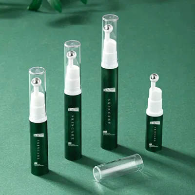 Tubo de loción de plástico de 5ml, 10ml, 12ml, 15ml de fábrica como botella con bomba sin aire, envases de embalaje de crema para ojos PP para lavado de cara de 18mm con bola de acero