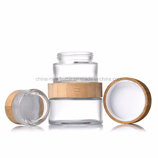 Tarro de crema de vidrio transparente de 20 ml, 50 ml y 100 ml con tapa de madera de bambú